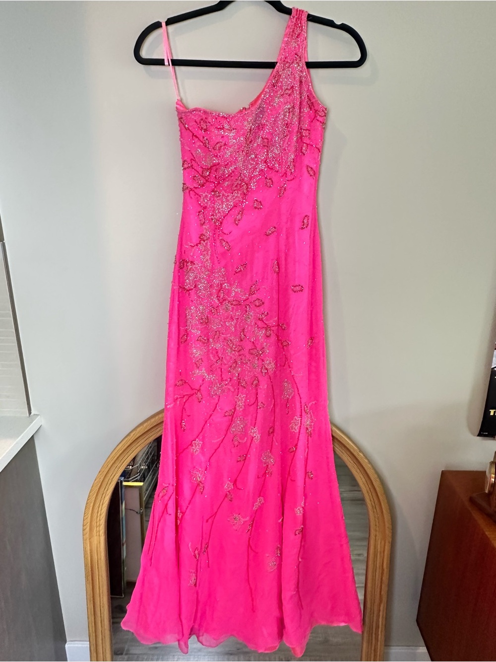Alyce Designs Vintage Silk Beaded One Shoulder Prom Dress Hot Pink Gown Formal 4